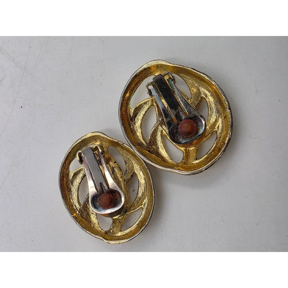 Vintage Gold Tone Abstract Openwork Oval Clip On Earrings Statement Jewelry